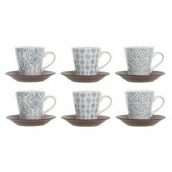 Set med kaffekoppar DKD Home Decor Bl Vit Brun Gummitr Stengod