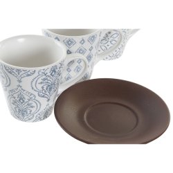 Set med kaffekoppar DKD Home Decor Bl Vit Brun Gummitr Stengod