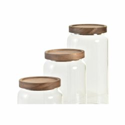 Uppsttning med 3 Burkar DKD Home Decor Akaciatr Borosilikatgla