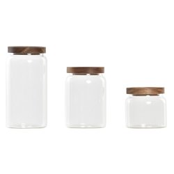 Uppsttning med 3 Burkar DKD Home Decor Akaciatr Borosilikatgla