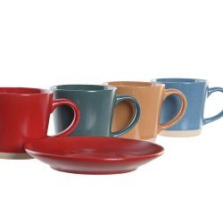 Set med koppar och fat DKD Home Decor Gul Bl Rd Grn Stengods