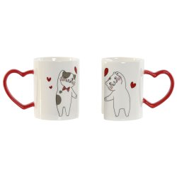 Set med 2 muggar Home ESPRIT Love Vit Rd Katter