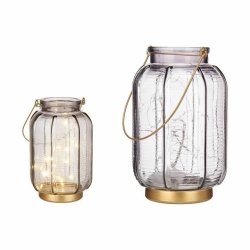 LED-lykta Rnder Gr Gyllene Glas 13,5 x 22 x 13,5 cm (6 antal)