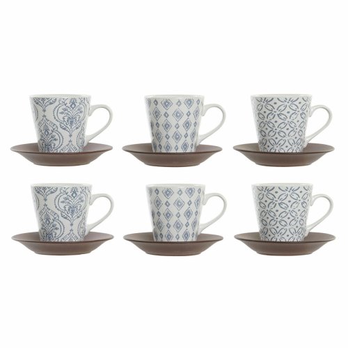 Set med kaffekoppar DKD Home Decor Bl Vit Brun Gummitr Stengod