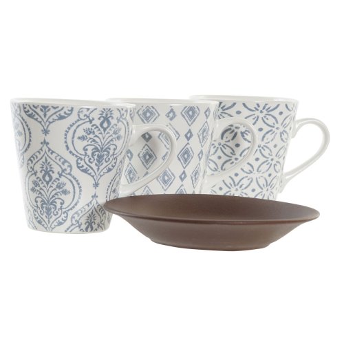 Set med kaffekoppar DKD Home Decor Bl Vit Brun Gummitr Stengod