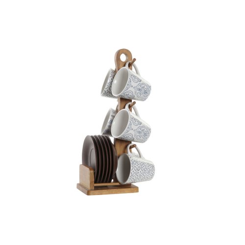 Set med kaffekoppar DKD Home Decor Bl Vit Brun Gummitr Stengod