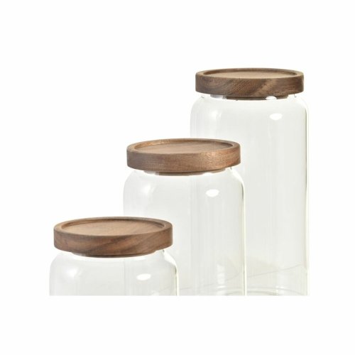 Uppsttning med 3 Burkar DKD Home Decor Akaciatr Borosilikatgla