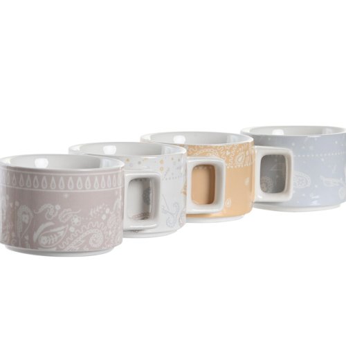 Set med kaffekoppar DKD Home Decor Gul Bl Vit Rd Metall Bambu