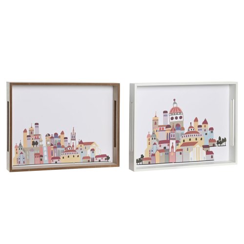 Snacksbricka DKD Home Decor Multicolour Tr MDF Cottage Hus (2 a