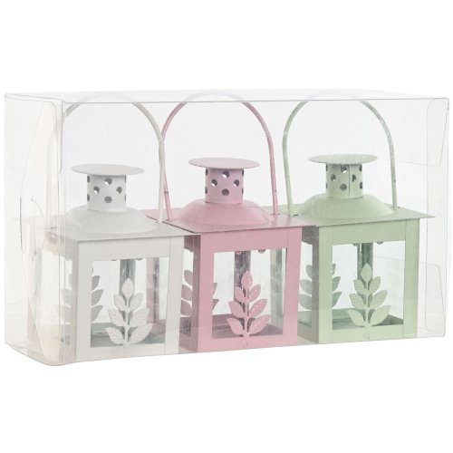 Lyktsats Home ESPRIT Vit Grn Rosa Glas Jrn Shabby Chic 7 x 7 x