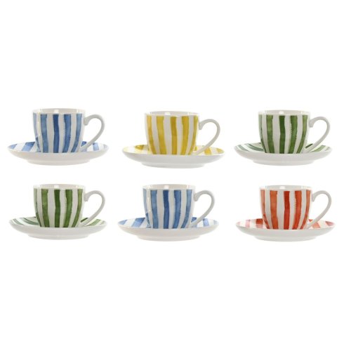 Set med 6 koppar och fat Home ESPRIT Gul Bl Grn Korall Porslin
