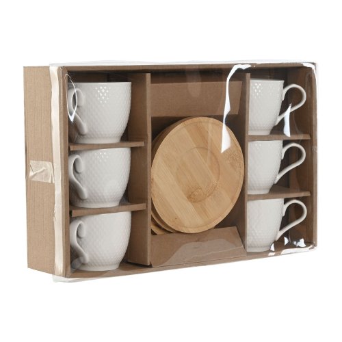 Set med 6 koppar och fat Home ESPRIT Vit Naturell Bambu Porslin