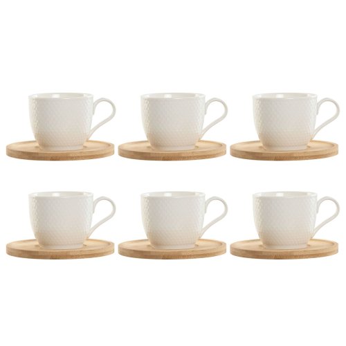 Set med 6 koppar och fat Home ESPRIT Vit Naturell Bambu Porslin