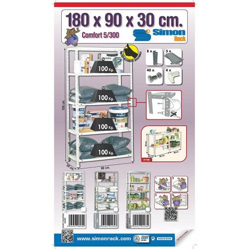 Bokhylla Simon Rack Comfort 5/300 Metall 5 Hyllor 500 kg (180 x