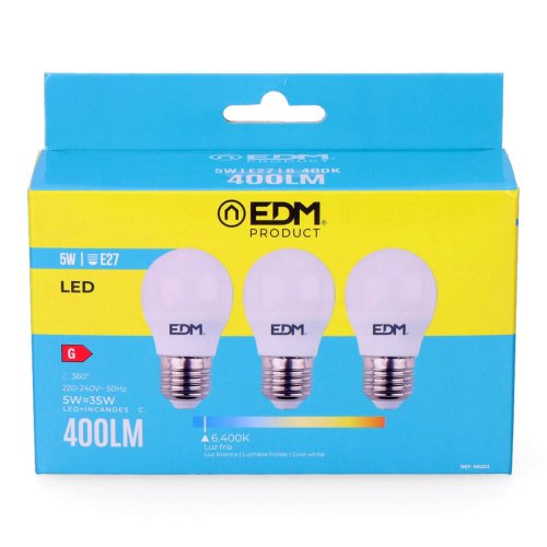 Frpackning med 3 LED-lampor EDM 98203 G 35 W 5 W 50 W E27 400 l