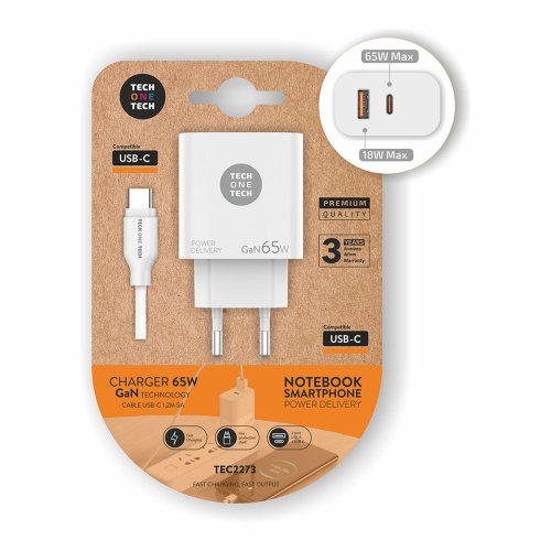 Vggladdare + USB-C kabel Tech One Tech TEC2273 Vit 65 W
