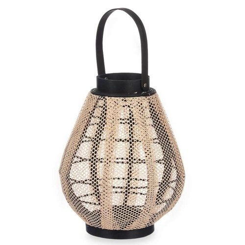 Ljusstakar Lykta Med handtag Beige Tr Tyg 25 x 30 x 25 cm (2 an