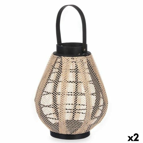 Ljusstakar Lykta Med handtag Beige Tr Tyg 25 x 30 x 25 cm (2 an